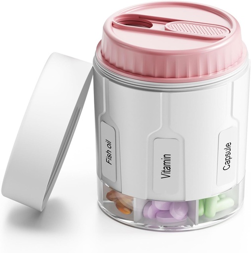 [BRSROFA5A5YBQAA4] Daviky Pill Bottle Organizer, Supplement Organizer with 7 Large Compartments, Travel Pill Dispenser Round Pill Box with Two Lids（Pink
