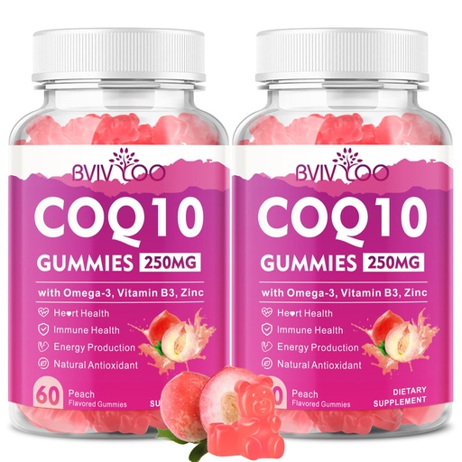 [BRSRA2YYPMOWOGTB] 2 Pack CoQ10 Gummies 250mg, Plus Omega-3, Vitamin B3 & Zinc, Magnesium - High Absorption Coenzyme Q10 Supplements for Heart Health, Cellular Energy, & Antioxidant Support, 120 Count