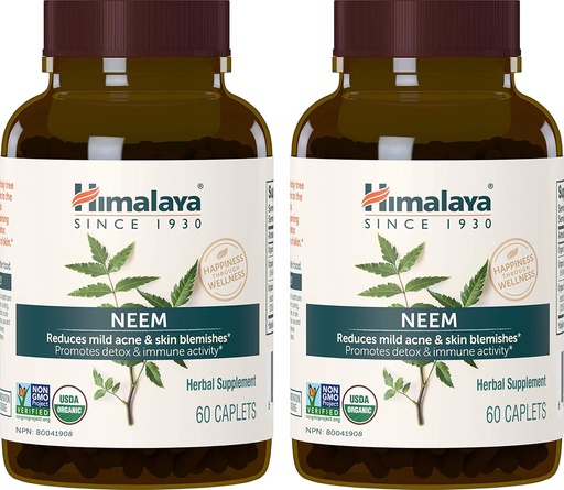 [BRSWIYYOAAOQACL6] Himalája Organic Neem Herbal Supplement, for Mild Akne & Clear Skin, Purification, Ayurvedic, USDA Certified Organic, Non-GMO, Vegan, 600 mg, 60 Plant Based Caplets, 2 balenie