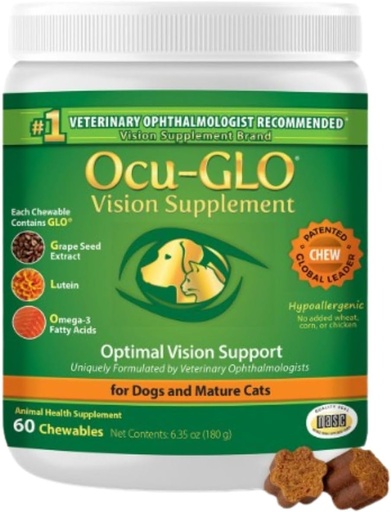[BRSWY2T6BEFAOCLB] Ocu-GLO Cat &amp; Dog Senior Supplement for Eye Support - Chewable Vision Vitamins Supplements for Large and Small Pets Care with Lutein, Omega-3 Fatty Acids, Grape Seed Extract & Antioxidants