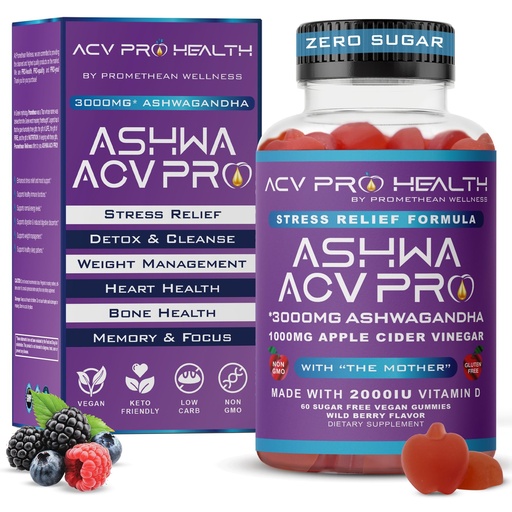 [BRSROGAEOIFQGHTX] Ashwa ACV Pro Health - Sugar Free Apple Cider Vinegar Gummies with Ashwagandha, Advanced Keto, Stress Relief Supplements with Vitamin D, 1g Carbs Per Gummy (60 Count)