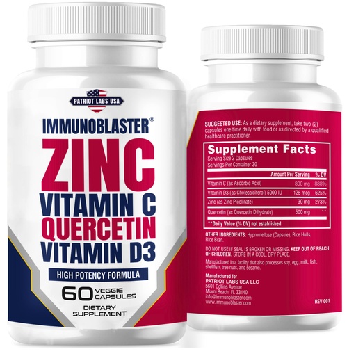 [BRSW2GIZOB5BMYAY] Zinc Quercetin Vitamin C 800 mg with Vitamin D3 Antioxidant Immune Support High Potency Quercetin Zinc Supplement for Men and Women - Gluten, Soy, & Dairy Free - 60 Count (Pack of 1)