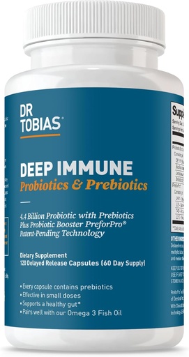 [BRSW2YIEBBYGYYLJ] Dr. Tobias Deep Immune Probiotics & Prebiotics, Dual Action Digestion & Immune Support with PreforPro Prebiotics & Delayed Release Spore Forming Probiotics for Women & Men, 120 Capsules, 60 Servings