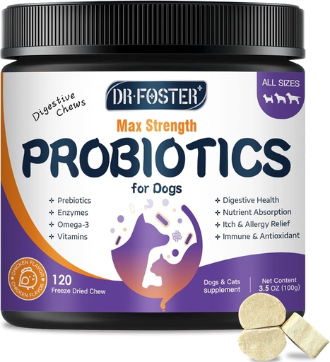 [BRSROCDQBMMWKCT4] Probiotics for Dogs, Freeze-Dried Dog Probiotics and Digestive Enzymes, Plus Omega-3 for Itchy Skin, 3-in-1 Prebiotics for Digestive Health, Dog Vitamins and Supplements for Immune Health, 120 Bites
