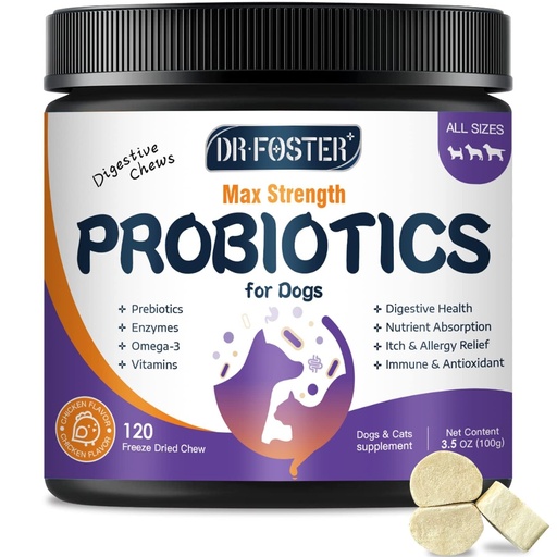 [BRSROCDQBMMWKCT4] Probiotics for Dogs, Freeze-Dried Dog Probiotics and Digestive Enzymes, Plus Omega-3 for Itchy Skin, 3-in-1 Prebiotics for Digestive Health, Dog Vitamins and Supplements for Immune Health, 120 Bites