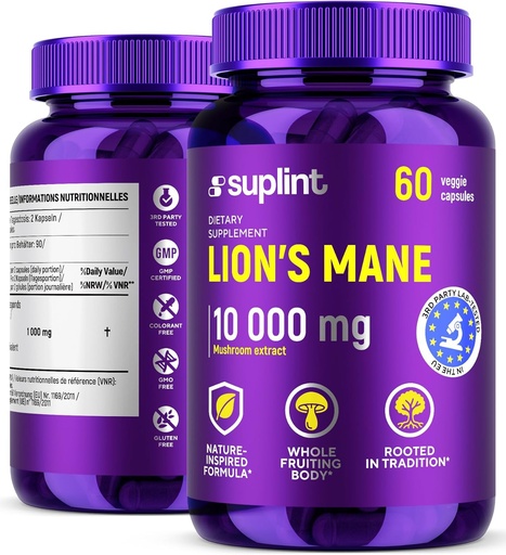 [BRSRAAQHAAIAKD3V] Lion’s Mane Mushroom Supplement 10,000 mg | Dietary Supplements for Memory, Focus & Clarity | Daily Immune System Support Complex for Women & Men | Non-GMO, Gluten-Free, Vegan | 60 Capsules