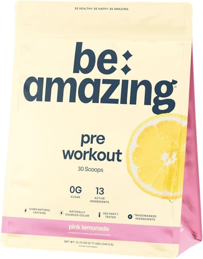 [BRSROGQKAB4AI3YV] BE AMAZING Pre Workout Powder, Vegan Supplement with 125mg Natural Caffeine, Ashwagandha and Adaptogens, Sugar Free Drink Mix for Men and Women, Gluten Free, Non GMO, Pink Lemonade, 30 Servings