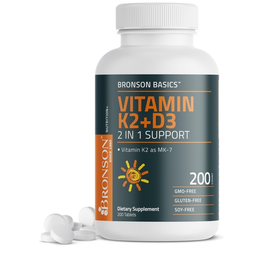 [BRSRA2QKBYIGC3DU] Bronson Vitamin K2 D3 (MK7) Supplement Non-GMO Formula Vitamin D3 5000IU (125 mcg) & 90 mcg K2 MK-7, Easy to Swallow D & K Complex, 200 Tablets