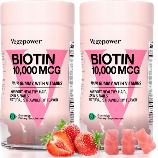 [BRSROH3QOJ6RUF3H] Biotine Gummies 10000mcg Supplementen - met vitamine C, A, D, B-complex, Folaat, Zink voor vrouwen & meisjes- Vegan Biotin Haargroei Gummy voor gezond haar en nagels, Non-GMO, Aardbei, 120 Beer