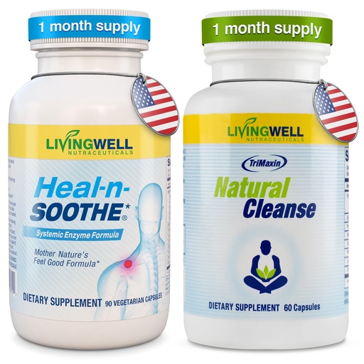 [BRSW2HQOCABRUCLK] HEAL-N-SOOTHE and Natural Cleanse Dietary Supplement Bundle - Proteolytic Enzymes Formula with Turmeric, Bromelain, & Boswellia for Joint Support, Buckthorn Bark, Psyllium Husk, Milk Thistle, & Ginger