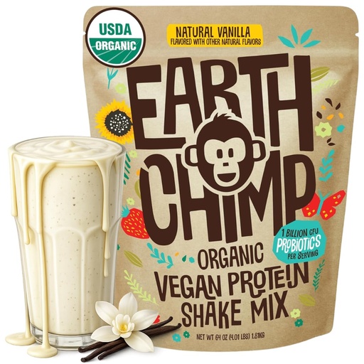[BRSW2AL3AEGQGAI3] EarthChimp Organic Vegan Protein Powder - with Probiotics - Non GMO, Dairy Free, Non Whey, Plant Based Protein Powder for Women and Men, Gluten Free - 52 Servings 64 Oz (Vanilla)