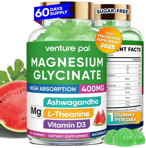 [BRSRAEIPCUJRUC34] 60 Day Supply Magnesium Glycinate 400 mg Gummies with Ashwagandha, L-Theanine, CoQ10, D3-vitamiini ja B6-sokeriton Magnesium Gummies for Adults & Kids, Stress Relief, Uni & Rauhallinen, Vegan, Gluteeniton