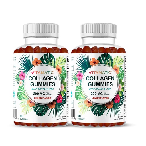 [BRSRAGT2OZYQIGT6] Vitamatic 2 Packs Hydrolyzed Collagen Gummies with Vitamin C, Zinc and Biotin, 200 mg - 60 Gummies (Total 120 Count)