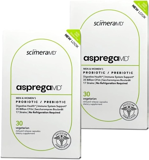 [BRSW2CAZCB4BUD3G] Asprega 30CT - Probiotic + Prebiotic Supplement | 17 Strains, 35 Billion CFUs | Delayed Release | Saccharomyces Boulardii | for Men & Women | by ScimeraMD, 2-Pack