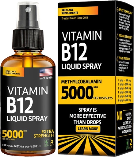 [BRSWIBD2CF6ROE3U] Vitamin B12 Sublingual Spray 5000 mcg – Vegan Methylcobalamin Liquid B12 Boost Energy, Mood & Brain Health - Gluten-Free, Non-GMO B12 Spray for Men & Women - Easy Dosage (5000 mcg in 10 Sprays)