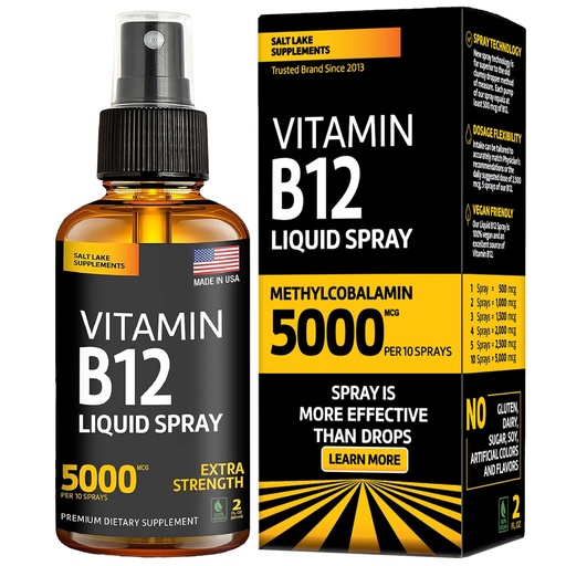[BRSWIBD2CF6ROE3U] Vitamin B12 Sublingual Spray 5000 mcg – Vegan Methylcobalamin Liquid B12 Boost Energy, Mood & Brain Health - Gluten-Free, Non-GMO B12 Spray for Men & Women - Easy Dosage (5000 mcg in 10 Sprays)