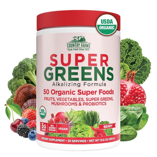 [BRSWICYYCBYRCHI7] Country Farms Organic Super Greens Berry Flavor, 50 Organic Super Foods, Packed with Fiber, USDA Organic Drink Mix, Fruits, Vegetables, Mushrooms & Probiotics, Supports Energy, 5g Fiber