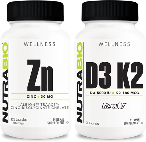 [BRSROCD6CINGGADL] NutraBio Zinc Chelate and Vitamin D3 K2 Mineral Supplement Bundle – May Help with Proper Growth, Development, Immune System, and Bone and Heart Health
