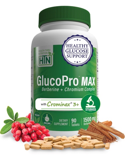 [BRSRO2QCDECREG3O] Health Thru Nutrition GlucoPro Max - with 1500mg Berberine 90 Tablets | Glucose Support Berberine Supplement with Chrominex + Chromium, and 1,000mg Cinnamon | Vegan, Non-GMO, Gluten Free