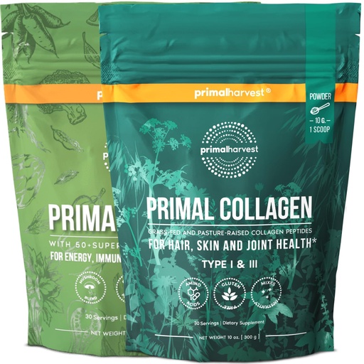[BRSRMY3QOEPAIELD] Primal Harvest Super Greens & Collagen Powder Supplements for Women and Men Superfood Greens Powder and Collagen Peptides Powder for Hair, Skin, and Nails Bundle