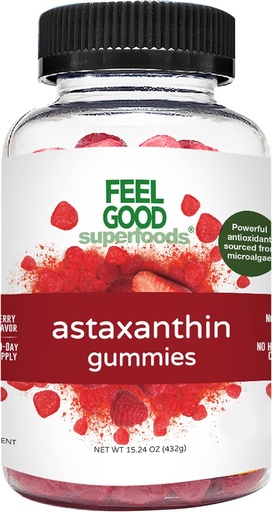 [BRSRMAYTBAFRMHTD] FeelGood Superfoods Astaxanthin Supplements, 6mg Antioxidant Gummies for Skin and Eye Health, Berry Flavor, Vegan, Non-GMO, 60 Count