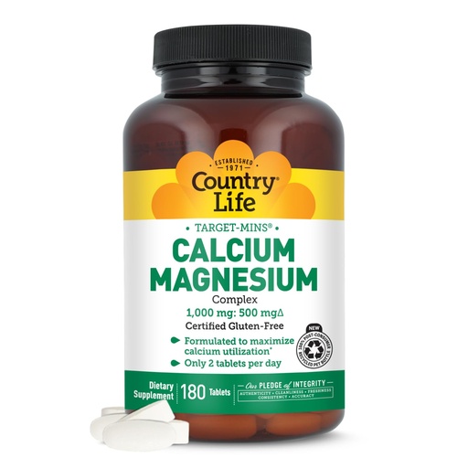 [BRSWIY3YOQJQAFDY] Country Life Target-Mins Calcium Magnesium Complex 1000mg/500mg, 180 Tablets, Certified Gluten Free, Vegan, Non-GMO Verified