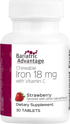 [BRSROAT5ORYGMYA7] Bariatric Advantage Iron 18 מ"ג עם ויטמין C Chewable - Strawberry - 30 טבליות