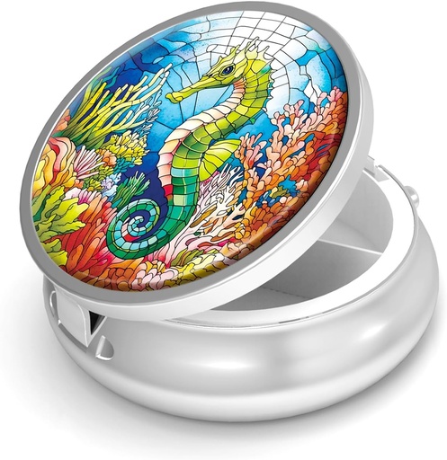 [BRSRAGAYCIPAKHIY] Pill Box-3 Compartment Small Pill Case for Purse & Pocket Mini Metal Pill Holder Travel Pill Container to Hold Supplements Vitamins BPA-Free (Seahorse)