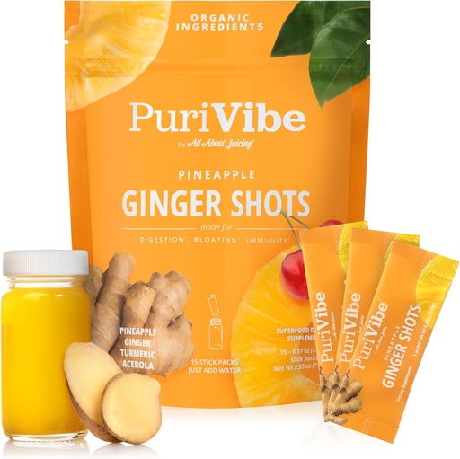 [BRSRAFQ6B54BAF3A] All about juiceing Ginger Shots with Pineapple & Turmeric - 超级食品汁粉 - 豁免,文摘和能源支持 - 15 Wellness Stick Packs - PuriVibe