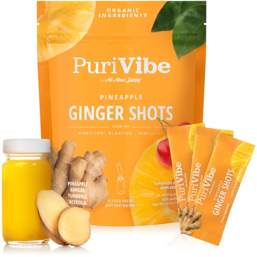 [BRSRAFQ6B54BAF3A] Ginger Shots with Turmeric & Pineapple - Ginger Juice Superfood Powder - Immunity Shots & Wellness Shots for Digestion & Energy Support - 15 Stick Packs - PuriVibe