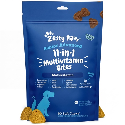 [BRSRAZABAB5WAHTP] Zesty Paws Senior Dog Multivitamin Treats - Glucosamine for Dogs + Digestive Enzymes & Probiotics - Grain Free Dog Vitamins and Supplements for Skin & Coat + Immune Health Chicken - Advanced - 60ct