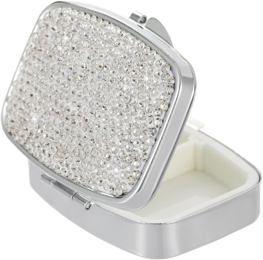 [BRSROZDYAAOROAD4] Pocket Pharmacy Bling 2 Compartment Medicine Organizer Small Cute Pill Container Travel Pill Box Case for Purse Square Vitamin Holder for Pocket(Silver)