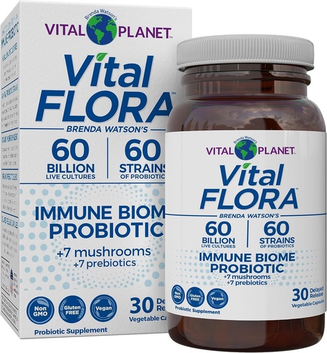 [BRSRMCAHBADRMFLV] Vital Planet - Vital Flora Immune Support Probiotic, 60 Billion CFU, Diverse Strains, Organic Mushroom Supplement Blend with Prebiotics, Digestive Health Probiotics for Women and Men 30 Capsules