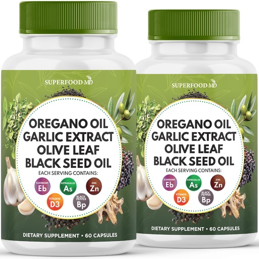 [BRSRAFD6OEFAKC3G] Superfood MD Oregano Oil, Garlic Extract, Olive Leaf, Black Seed Oil, Astragalus-Immune Support & Digestive Health Supplement for Women and Men- 120 Count