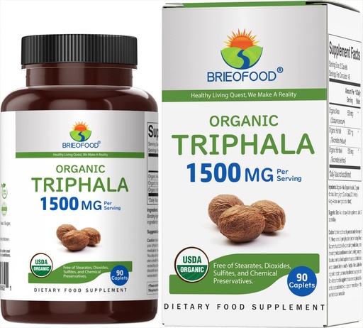 [BRSRMZDQCBYRYFAU] Brieofood Organic Triphala 1500mg, 45 Servings, Vegetarian, Gluten Free, 90 Vegetarian Tablets