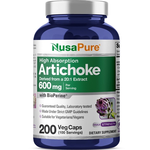 [BRSROCAKPN5QKALL] NusaPure Artichoke Capsules, 600 mg, 200 Veg Capsules (Non-GMO, Gluten Free)