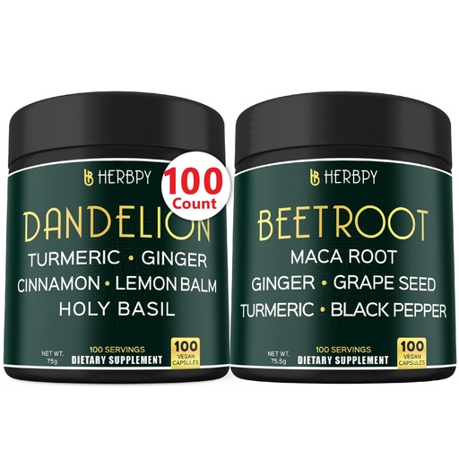 [BRSRAGAPOANQEYLJ] Herbpy Bundle 6in1 Dandelion Root Supplement 750mg/serving (100 Capsules) & 6in1 Beet Root Capsules 755mg/serving (100 Capsules)