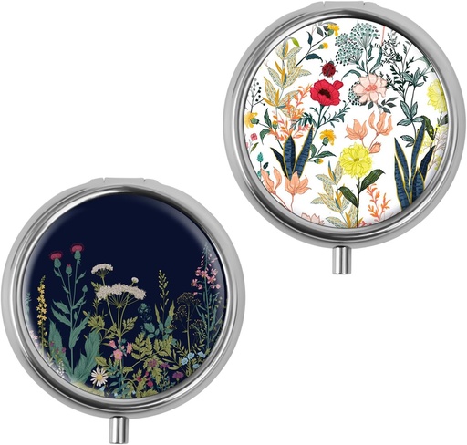 [BRSRA2YODN4GAYDK] Mini Pill Box, Small Pill Box, Portable Pill Box, Cute Pill Organizer for Vitamins, Medications, Fish Oil and Supplements (White Flowers + Black Flowers)