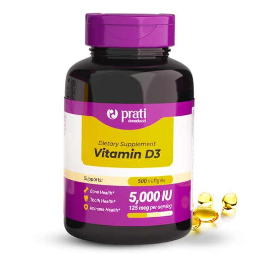[BRSRAGIYOIHGGGY6] Prati Donaduzzi Vitamin D3 5,000 IU (125 mcg) Softgels 500 Day Supply – Extra Strength Daily Supplement for Bone and Teeth Support