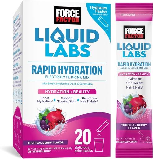 [BRSROYY3PMIRSDLZ] Force Factor Liquid Labs Красота, Hydration Packet за по-силна коса, кожа и нокти. Електролити на прах с хиалуронова киселина, биотин и церамиди. Тропически Бери аромат, 20 Stick Packs