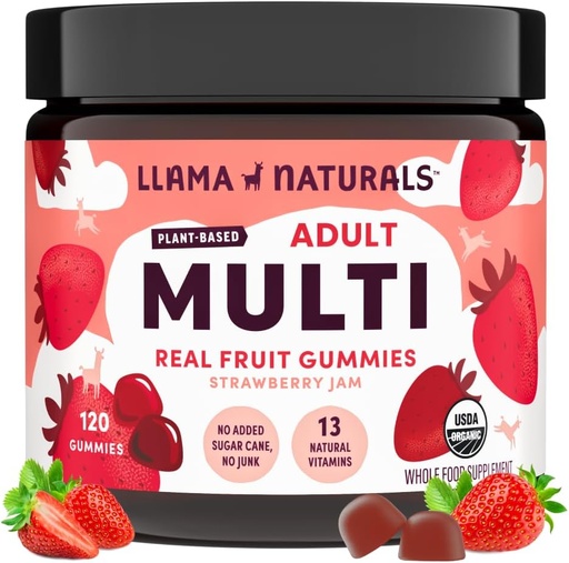 [BRSWGAQLDIHQ4AIV] Llama Naturals Multivitamin for Women & Men, Vegan, Organic Gummies with Vitamin D, C & K, Adults Real Fruit Gummy Vitamins, Chewable Multivitamin Supplement, No Added Sugar Cane, Strawberry, 120 Ct