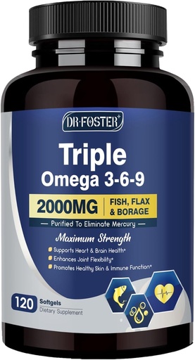 [BRSRAZ32AF7REHL7] Triple Omega 3-6-9 Fish Oil 2000mg with Vitamin E - EPA & DHA Fatty Acids Supplement - Supports Heart, Brain, Eye, Skin & Immune Health - Includes Flaxseed & Borage, Non-GMO, 120 Softgels