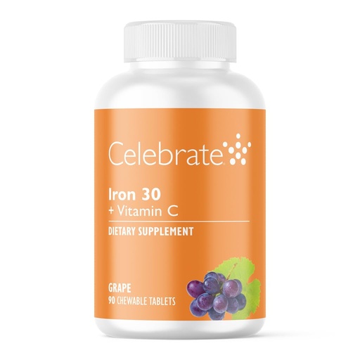 [BRSWIGQHBEHWMETC] Celebrate Vitamins Iron Supplement with Vitamin C - 30mg Iron, 60mg Vitamin C, Bariatric Vitamins for WLS Patients, Vertical Sleeve & Gastric Bypass Surgery – Grape, 90 Chewable Tablets