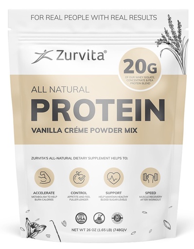 [BRSW2FD6B4IQAG3U] Zurvita - Vanilla Crème Protein Powder- Protein, Probiotics, No Artificial Sweeteners, 24+ Vitamins & Minerals, 140 Cal/Scoop - 26oz (20 Servings)