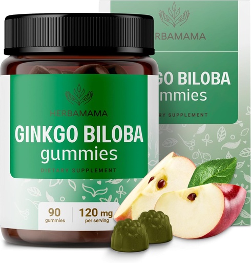 [BRSRMEIYOV6WYDLU] HERBAMAMA Ginkgo Biloba Gummies - 120mg Ginkgo Biloba Ārstniecības augu smadzeņu atbalstam - Vegan, Non-GMO Smadzeņu Focus & Clarity Papildinājums - 90 Pectin-Based Apple-Flavored Chews