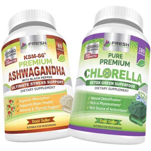 [BRSWYBABPIDWCAD3] FRESH HEALTHCARE Ashwagandha KSM 66 and Chlorella Detox Superfood - Bundle