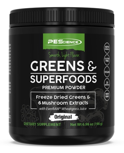 [BRSWY2TQBMBREET2] PEScience Greens Powder Superfood with Natural Chlorophyll, Reishi & Turkey Tail Mushroom Powders, Freeze-Dried Kale, Spinach, Broccoli Sprouts with Antioxidants - Original Flavor, 30 Servings