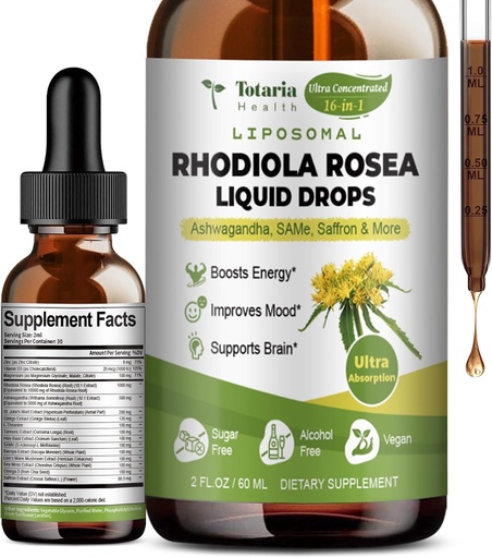 [BRSRAFDYCV5RYFDO] Totaria 16- in-1 Liposomal Rhoddiola Rosea Tincture, Ultra Strength Rhoddiola Supplement w / Ashwagandha, Saffron, Magnesium, SAM- e, Rhoddiola Rosea Extract Liquid Drops for Natural Relaxation, Mood, Energy