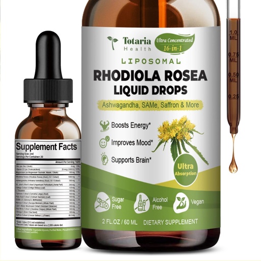 [BRSRAFDYCV5RYFDO] Totaria 16-in-1 Liposomal Rhodiola Rosea Supplement Tincture 1000mg, Ultra Strength Rhodiola 10:1 Root Extract w/Ashwagandha, Rhodiola Liquid Drops for Natural Relaxation, Mood, Energy, Alcohol-Free