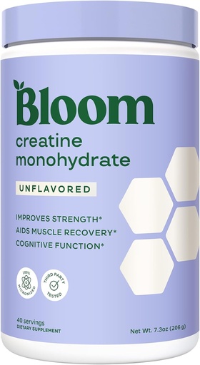 [BRSRAGQQBEIBUCY2] Bloom Nutrition Kreatin Monohydrat pulver, 5 g mikronisert kreatin per servering, støtter muskelgjenvinning, styrke, utholdenhet, pre eller post trening, glutenfri, ikke GMO, uflavorert, 40 SVG, 7,3 oz